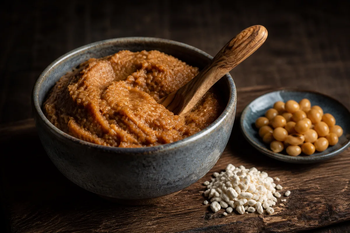 Bol de pâte de miso brun clair avec une cuillère de bois
