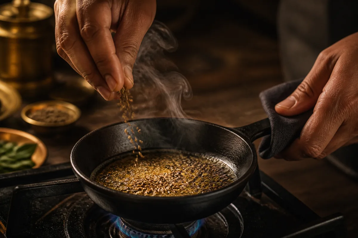 Mains versant des graines de cumin grillées dans une petite poêle en fonte