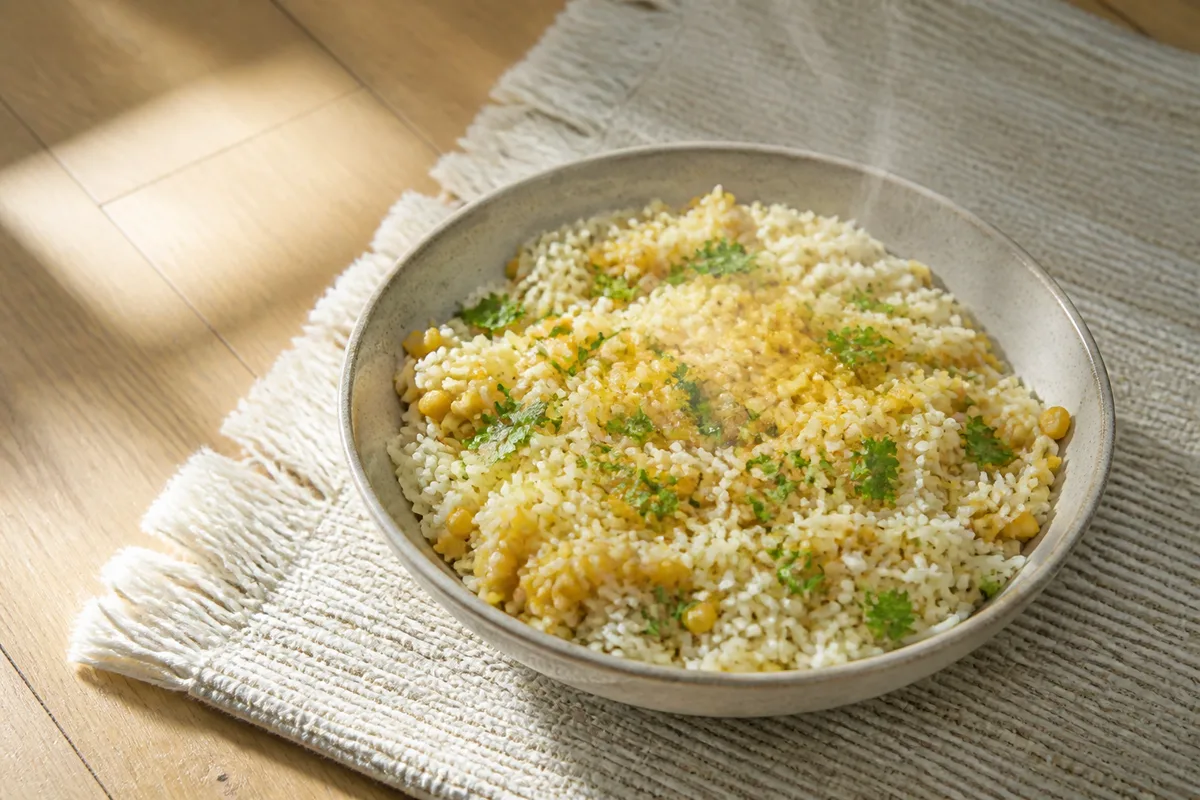 Assiette creuse de riz et de lentilles jaunes fumantes posée sur une natte de coton tissée