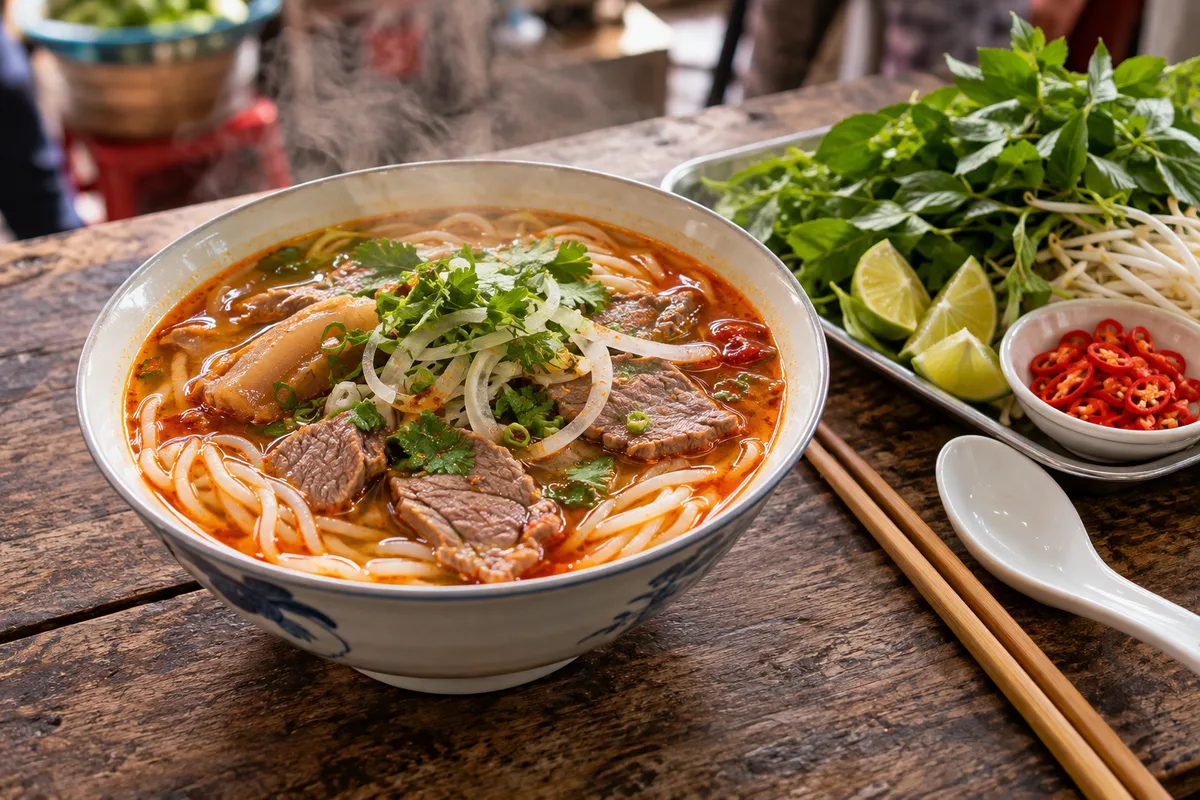 Bol de bún bò Huế fumant sur une table en bois avec un plateau d&rsquo;herbes fraîches