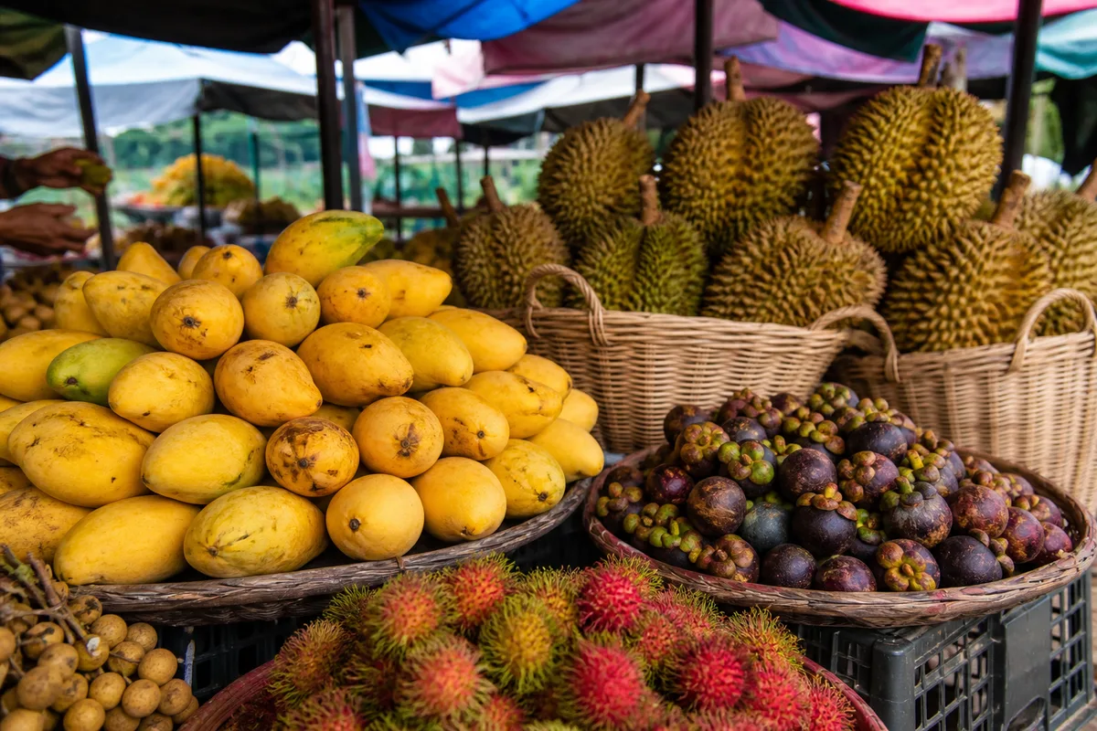 Étal de mangues et de durians sur un marché tropical d&rsquo;Asie du Sud-Est