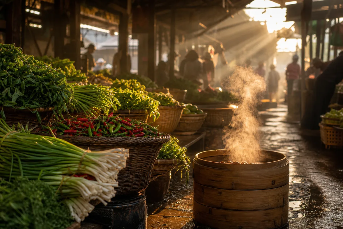 Marché de rue asiatique au petit matin avec paniers de légumes et vapeur de cuisson
