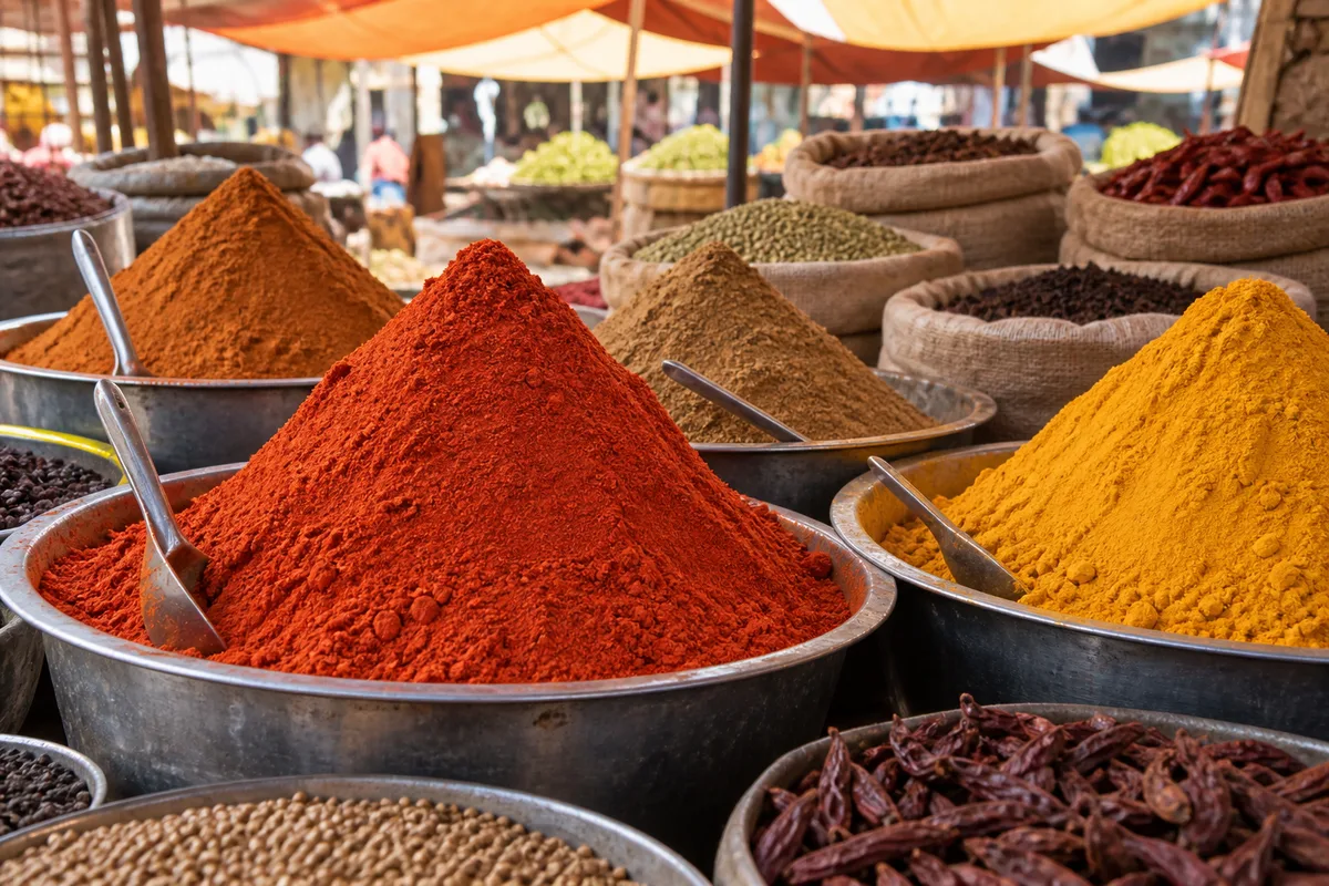 Étal d’épices en poudre disposées en cônes colorés sur un marché indien en plein jour