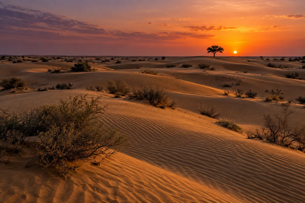 Dunes du désert du Thar au crépuscule avec arbustes épars