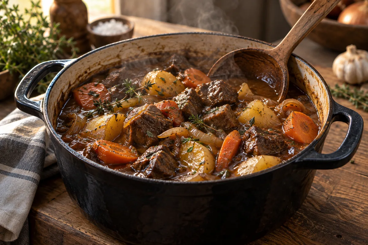 Cocotte en fonte remplie de curry brun avec cubes de pomme de terre et carottes
