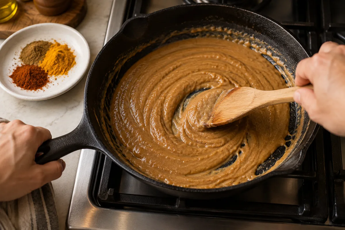 Roux de curry couleur noisette remué à la spatule dans une poêle en fonte