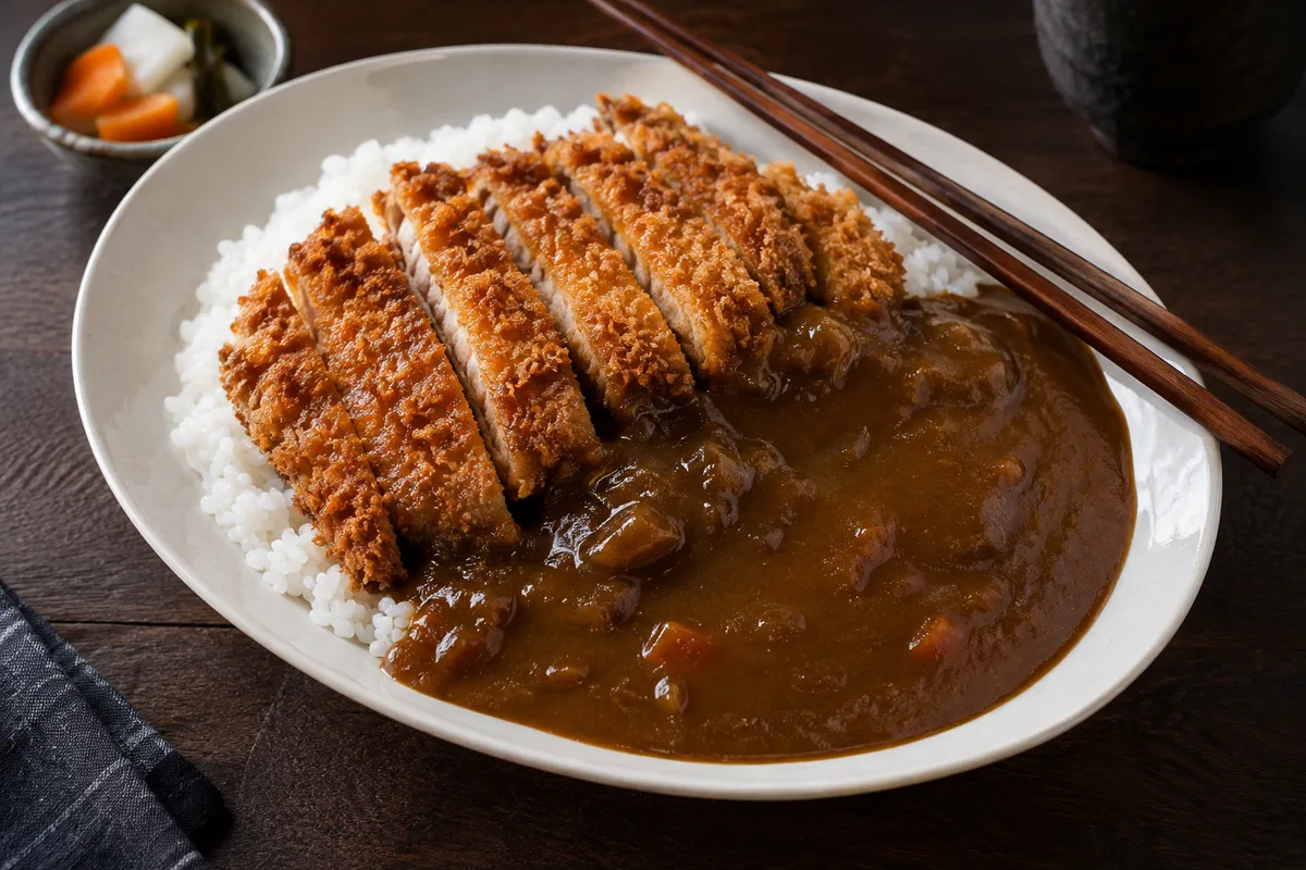 Tranches de porc pané dorées posées sur du riz et nappées de sauce curry brune