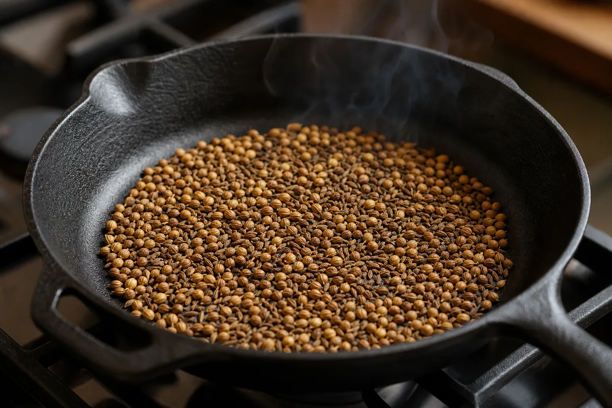 Graines de cumin et de coriandre grillées à sec dans une poêle en fonte, vapeur légère