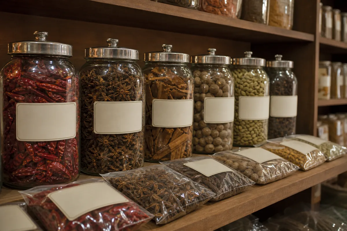 Sachets d’épices entières et bocaux en verre alignés sur une étagère d’épicerie asiatique