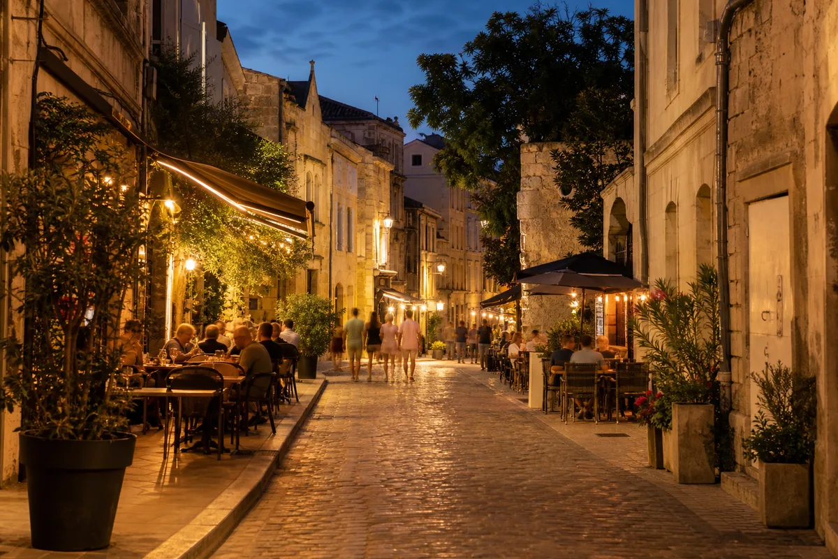 Terrasse de restaurant animée en soirée dans une ruelle du centre historique d&rsquo;Arles