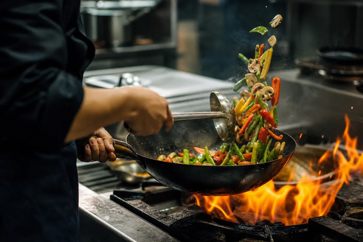 Cuisinier maniant un wok au-dessus d&rsquo;un feu vif dans une cuisine professionnelle