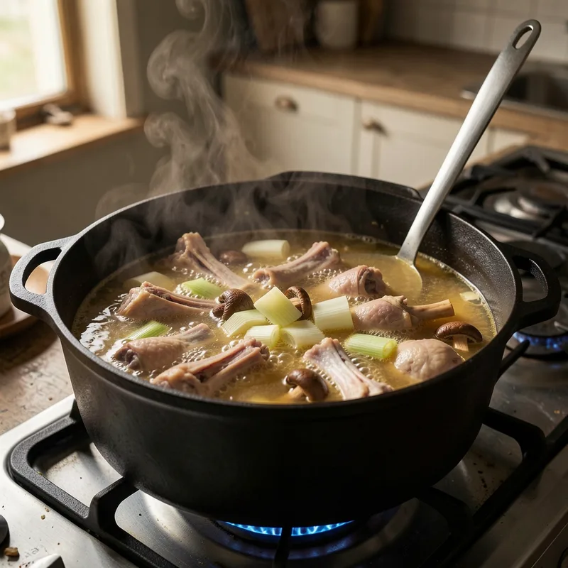Marmite en fonte remplie d’os et d’aromates en train de mijoter sur une cuisinière