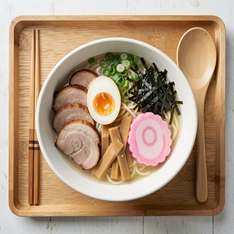 Bol de ramen garni de tranches de porc, œuf mollet, nori et ciboule vu de dessus